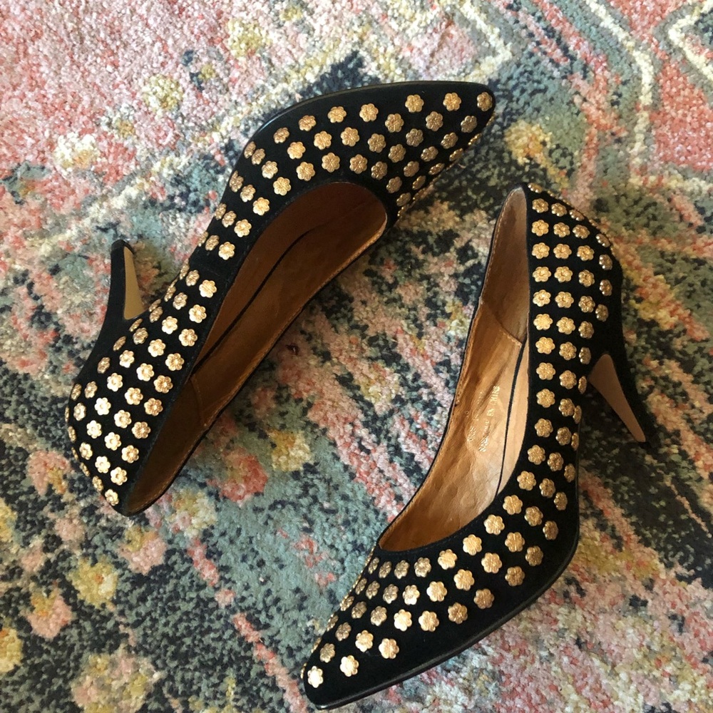 Black Suede Jeffrey Campbell Tia Heels with Gold Flower Studs Size 10